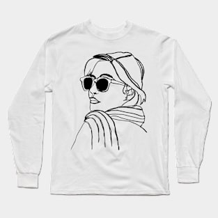 One-Line Ink Drawing Woman with Sunglasses Long Sleeve T-Shirt